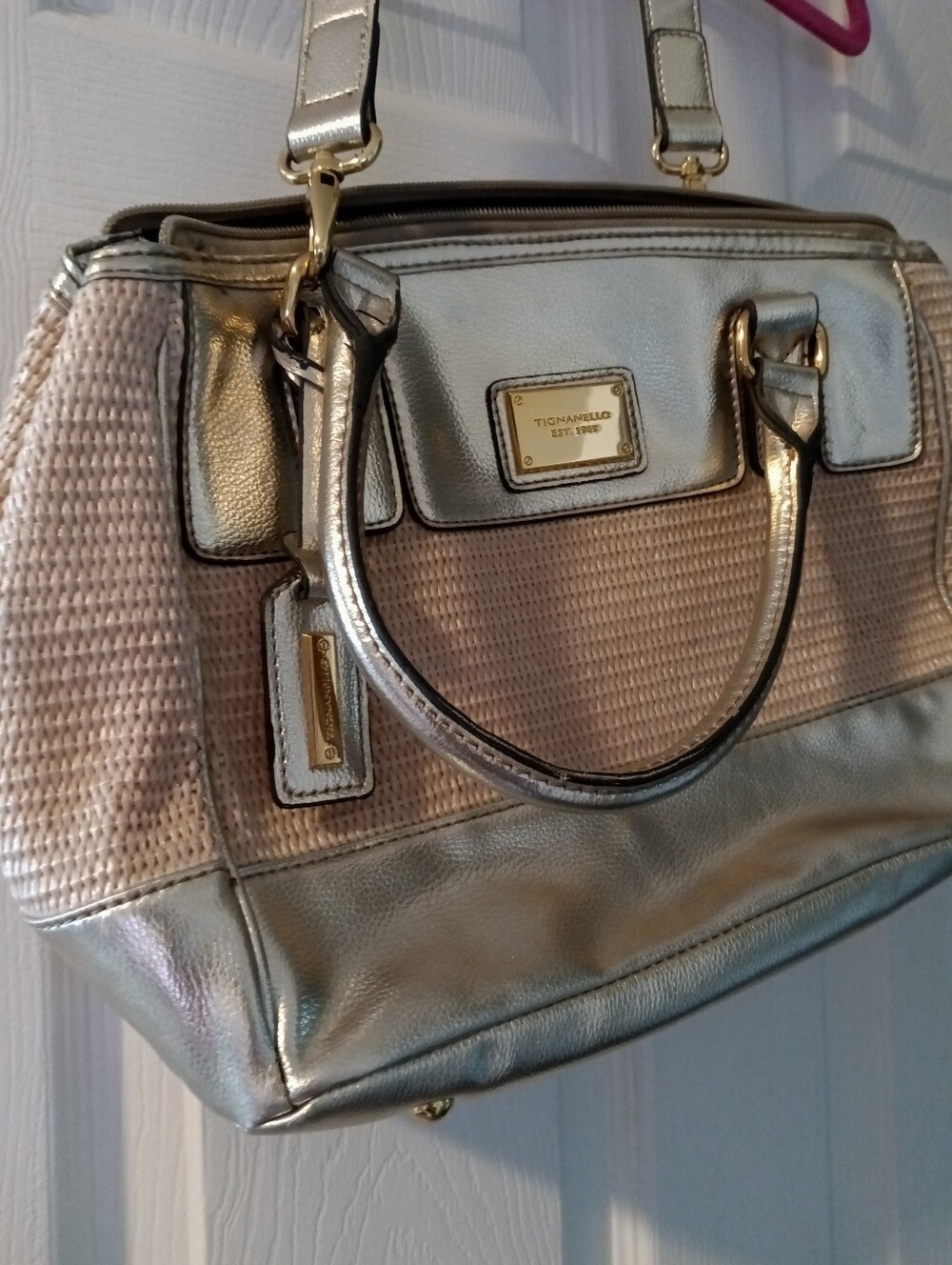 Tignanello Metallic Silver and Blush Woven Satchel